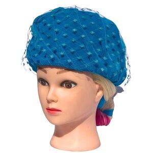 60s PEACOCK BLUE VELVET Turban Hat / Mid Century Helen Joyce Original